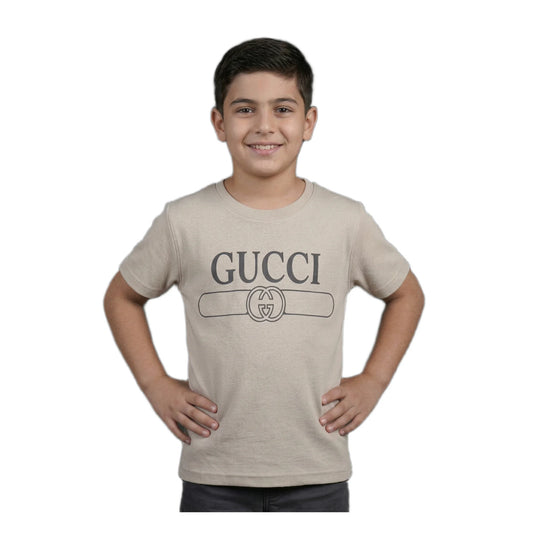 Boys Beige Designer Logo Graphic T-Shirt | Soft Cotton Crew Neck Casual Tee for Kids