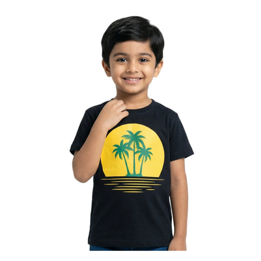 Boys Black Tropical Palm Sunset Graphic T-Shirt | Soft Cotton Crew Neck Summer Tee for Kids