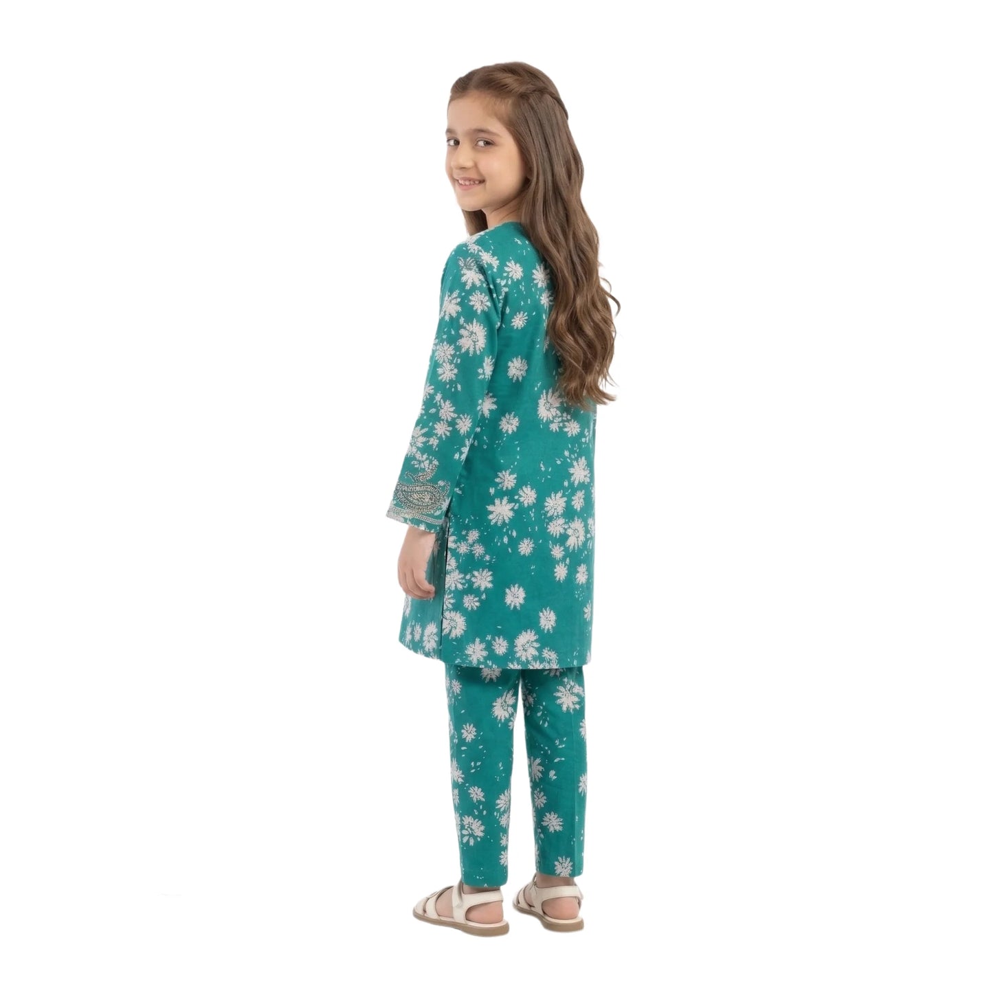 Full-Sleeve Girls Deep Teal Green Printed Shirt & Matching Cotton Trousers 2-Piece Set