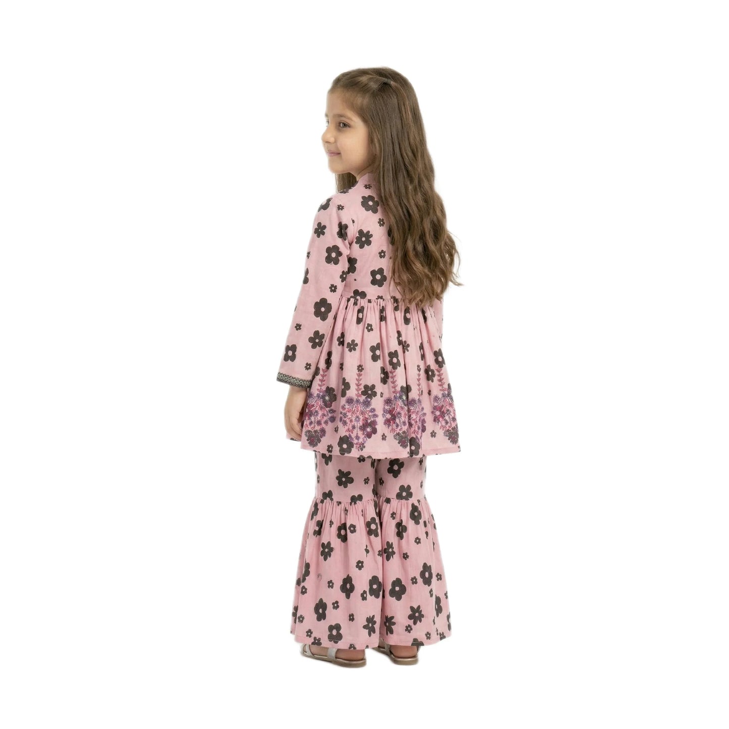 Full-Sleeve Girls Pink & Black Floral Print Frock & Matching Sharara 2-Piece Set