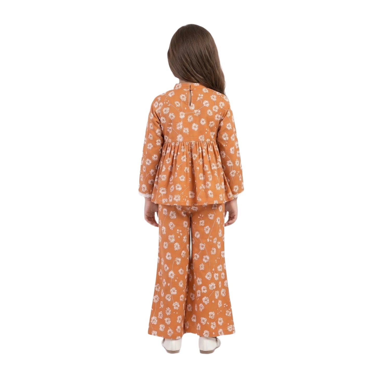 Full-Sleeve Girls Rust Orange Floral Peplum Top & Matching Floral Sharara 2-Piece Set