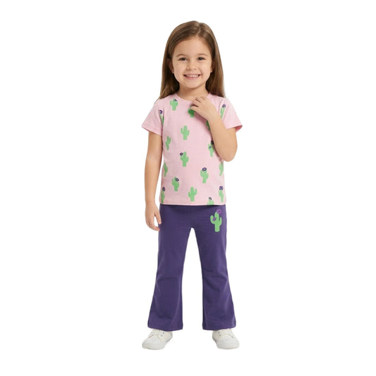 Half-Sleeve Girls Pink & Purple Cactus Print Tee & Flare Pants 2-Piece Outfit