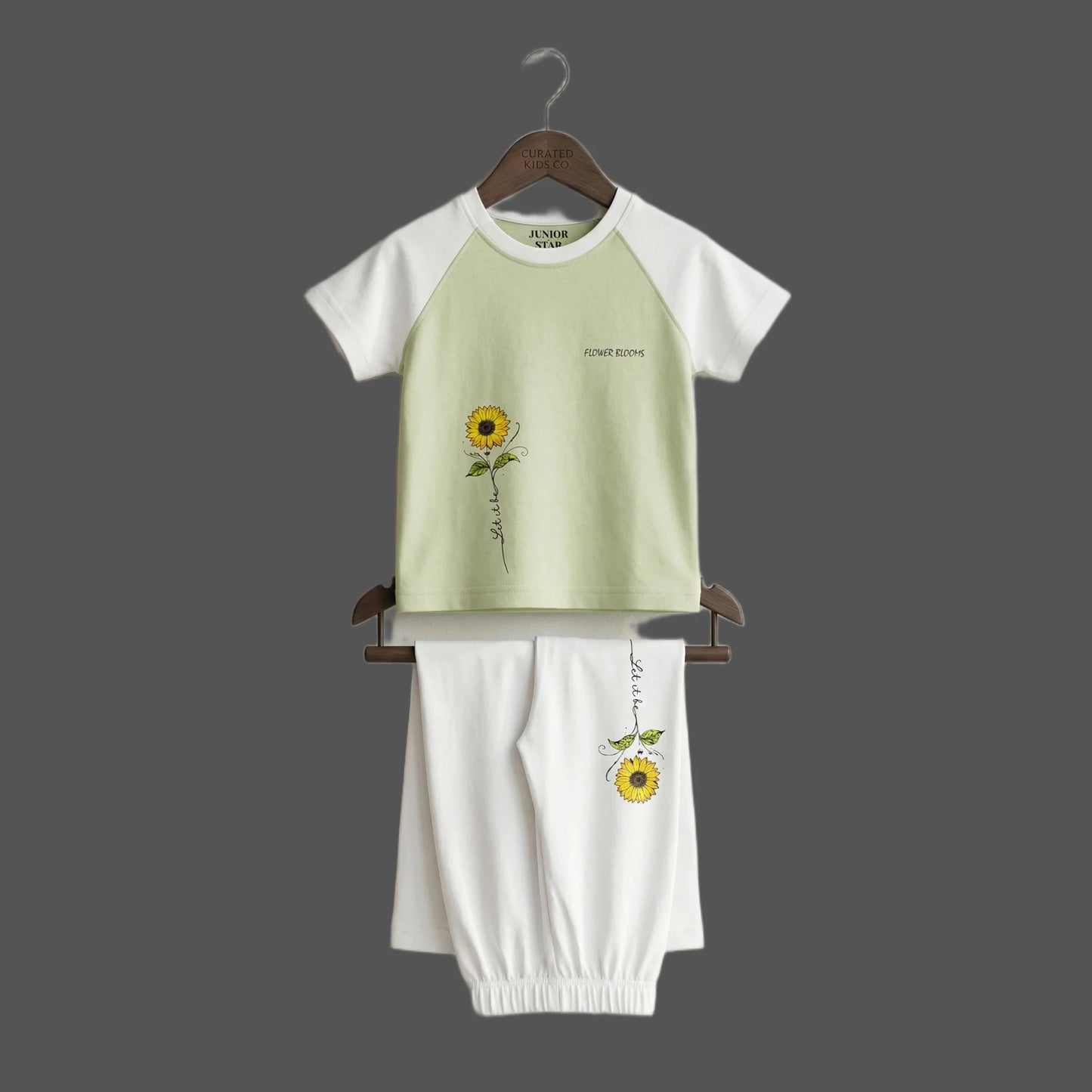 Half-Sleeve Light Pistachio Sunflower Graphics Shirt & White Trousers 2-Piece Outfit