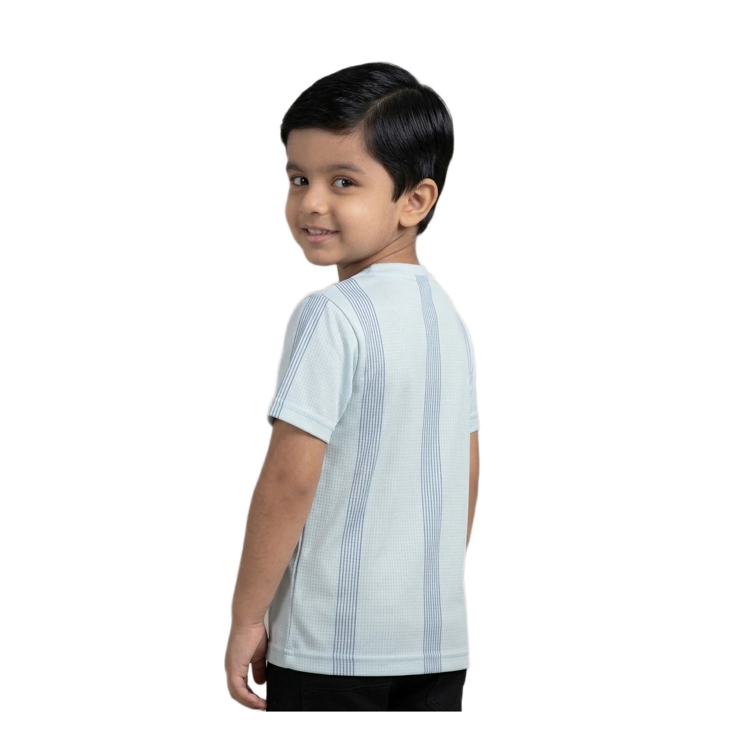Boys Mint Blue Striped Honest Faithful Character Graphic T-Shirt | Soft Cotton Crew Neck Casual Tee for Kids