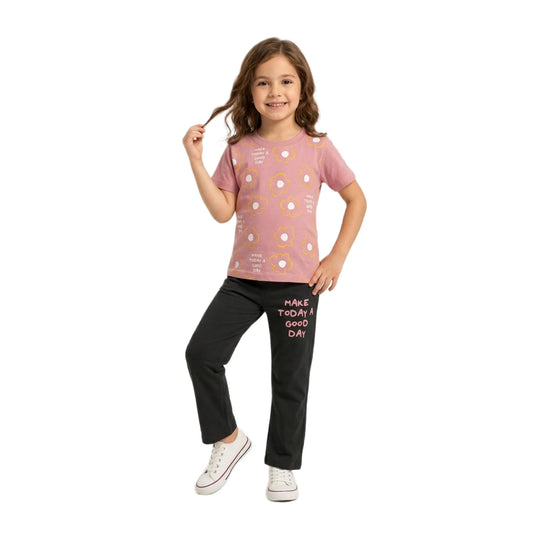 Half-Sleeve Muted Pink "Make Today a Good Day" Floral Tee & Black Trousers 2-Piece Set