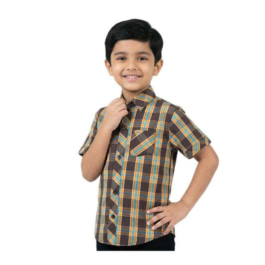 Harvest Gold & Brown Plaid Half-Sleeve Casual Boys Shirt