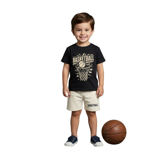 Basketball Hoop Graphic Tee & Contrast Shorts 2-Piece Set