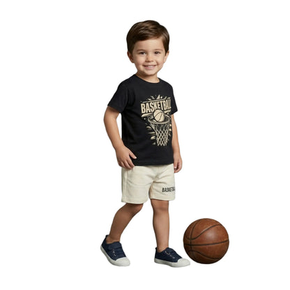 Basketball Hoop Graphic Tee & Contrast Shorts 2-Piece Set