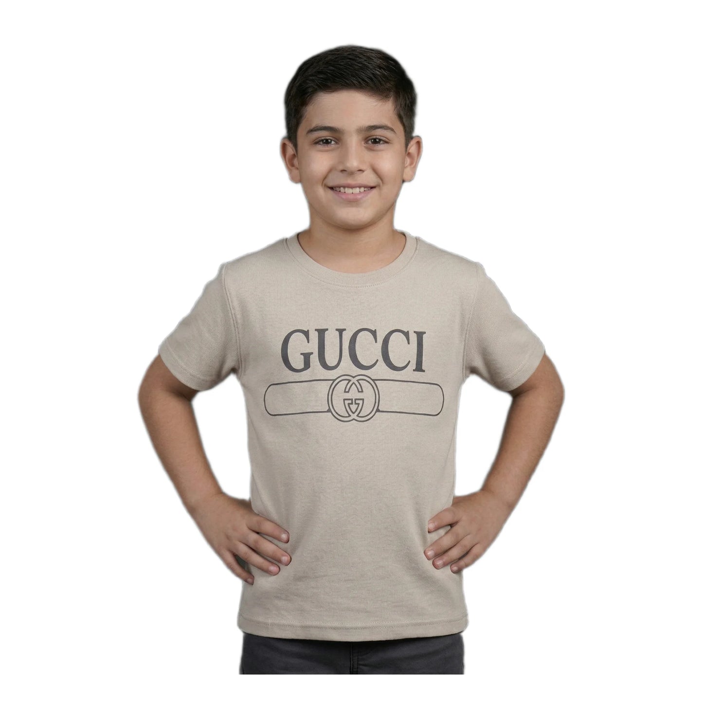Boys Beige Designer Logo Graphic T-Shirt | Soft Cotton Crew Neck Casual Tee for Kids