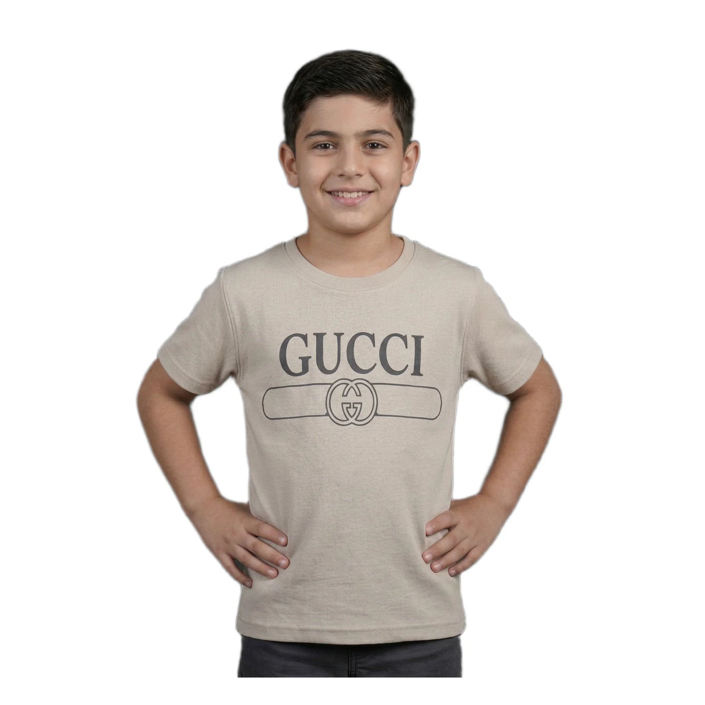 Boys Beige Designer Logo Graphic T-Shirt | Soft Cotton Crew Neck Casual Tee for Kids