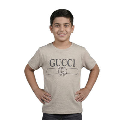 Boys Beige Designer Logo Graphic T-Shirt | Soft Cotton Crew Neck Casual Tee for Kids