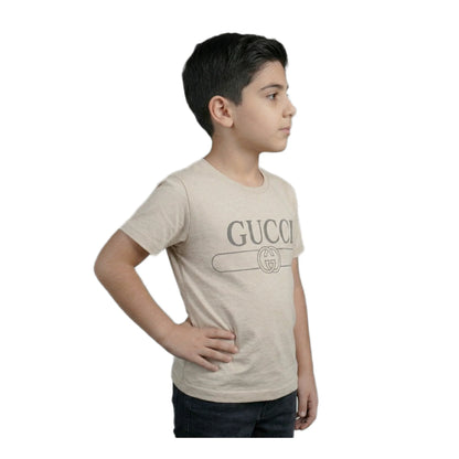 Boys Beige Designer Logo Graphic T-Shirt | Soft Cotton Crew Neck Casual Tee for Kids