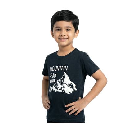 Boys Black Mountain Peak Climbing Graphic T-Shirt | Soft Cotton Crew Neck Casual Tee for Kids