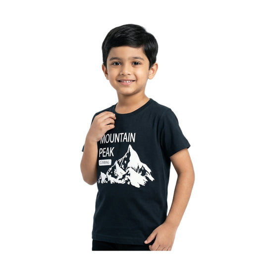 Boys Black Mountain Peak Climbing Graphic T-Shirt | Soft Cotton Crew Neck Casual Tee for Kids