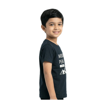 Boys Black Mountain Peak Climbing Graphic T-Shirt | Soft Cotton Crew Neck Casual Tee for Kids