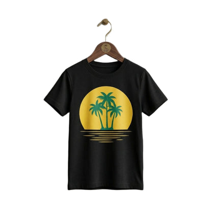Boys Black Tropical Palm Sunset Graphic T-Shirt | Soft Cotton Crew Neck Summer Tee for Kids