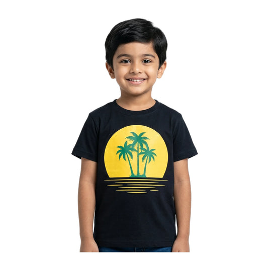 Boys Black Tropical Palm Sunset Graphic T-Shirt | Soft Cotton Crew Neck Summer Tee for Kids