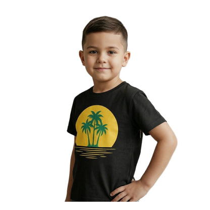 Boys Black Tropical Palm Sunset Graphic T-Shirt | Soft Cotton Crew Neck Summer Tee for Kids