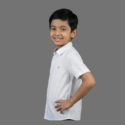 Boys Bright White Essential Formal Shirt | Soft Cotton Half Sleeve Button Down Smart Casual Shirt for Kids