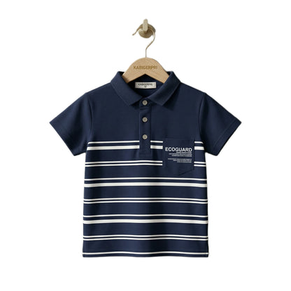 Boys Navy Blue White Striped Eco-guard Polo Shirt | Soft Cotton Half Sleeve Collared Casual Shirt for Kids