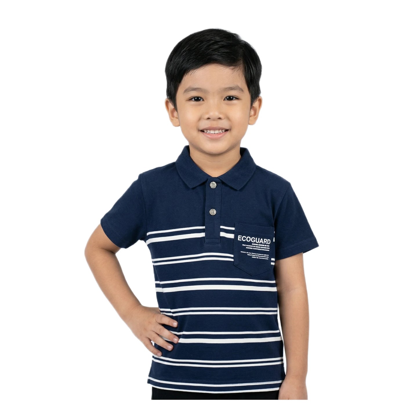 Boys Navy Blue White Striped Eco-guard Polo Shirt | Soft Cotton Half Sleeve Collared Casual Shirt for Kids