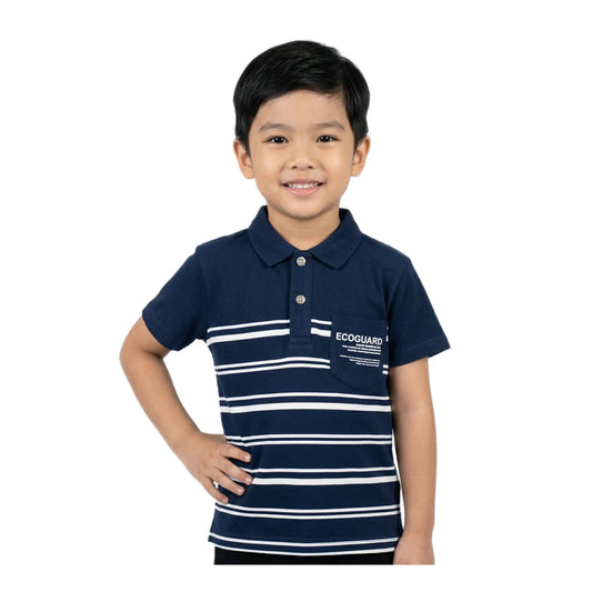 Boys Navy Blue White Striped Eco-guard Polo Shirt | Soft Cotton Half Sleeve Collared Casual Shirt for Kids