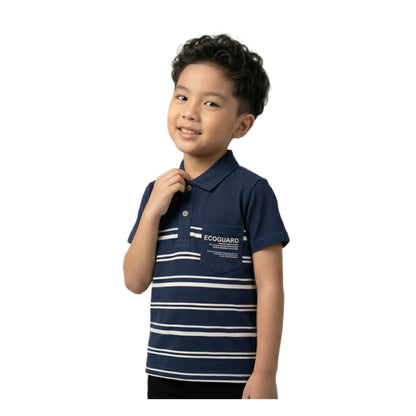 Boys Navy Blue White Striped Eco-guard Polo Shirt | Soft Cotton Half Sleeve Collared Casual Shirt for Kids