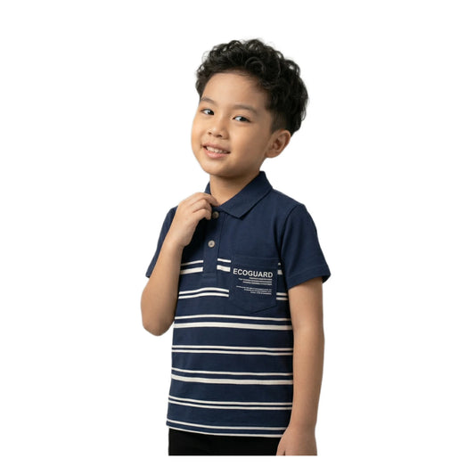 Boys Navy Blue White Striped Eco-guard Polo Shirt | Soft Cotton Half Sleeve Collared Casual Shirt for Kids