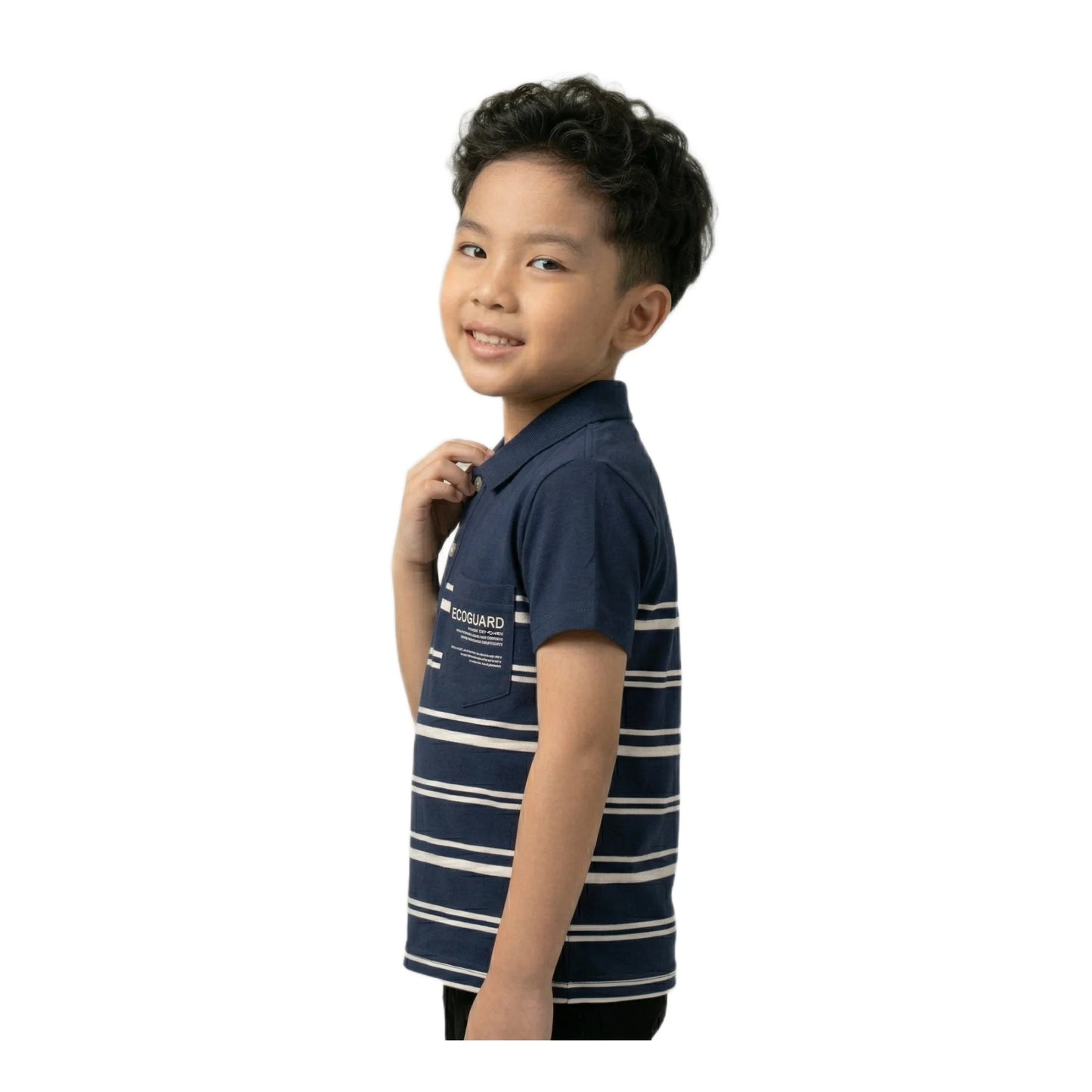 Boys Navy Blue White Striped Eco-guard Polo Shirt | Soft Cotton Half Sleeve Collared Casual Shirt for Kids