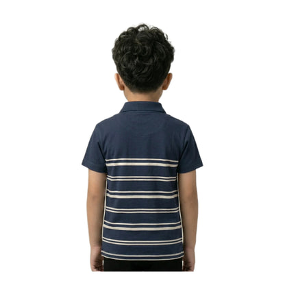Boys Navy Blue White Striped Eco-guard Polo Shirt | Soft Cotton Half Sleeve Collared Casual Shirt for Kids