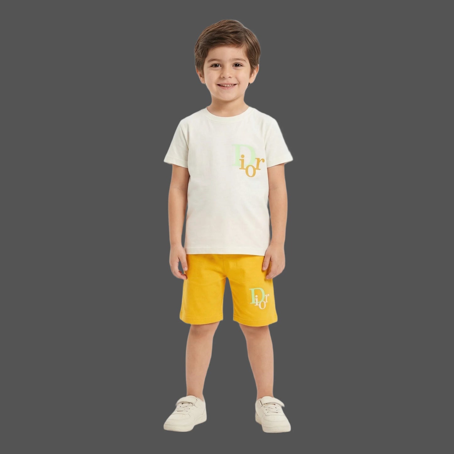 Designer-Style Logo Tee & Mustard Shorts 2-Piece Set