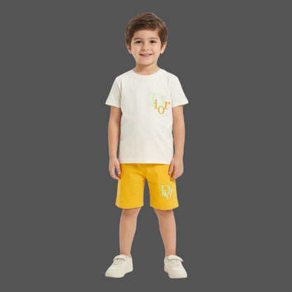 Designer-Style Logo Tee & Mustard Shorts 2-Piece Set