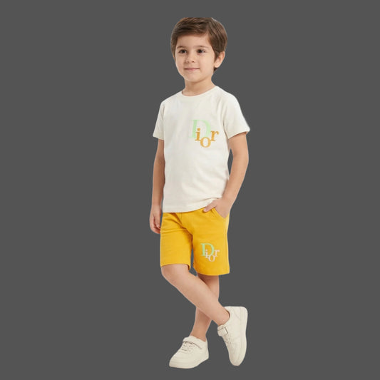Designer-Style Logo Tee & Mustard Shorts 2-Piece Set