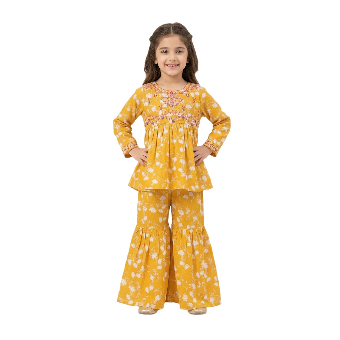 Full-Sleeve Girls Yellow Floral Printed Peplum Top & Matching Floral Sharara 2-Piece Set
