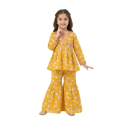 Full-Sleeve Girls Yellow Floral Printed Peplum Top & Matching Floral Sharara 2-Piece Set
