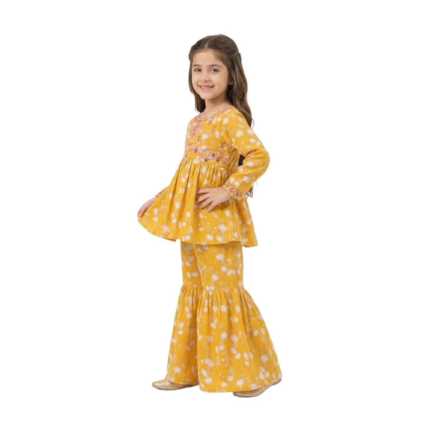 Full-Sleeve Girls Yellow Floral Printed Peplum Top & Matching Floral Sharara 2-Piece Set