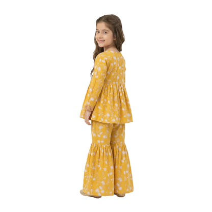 Full-Sleeve Girls Yellow Floral Printed Peplum Top & Matching Floral Sharara 2-Piece Set