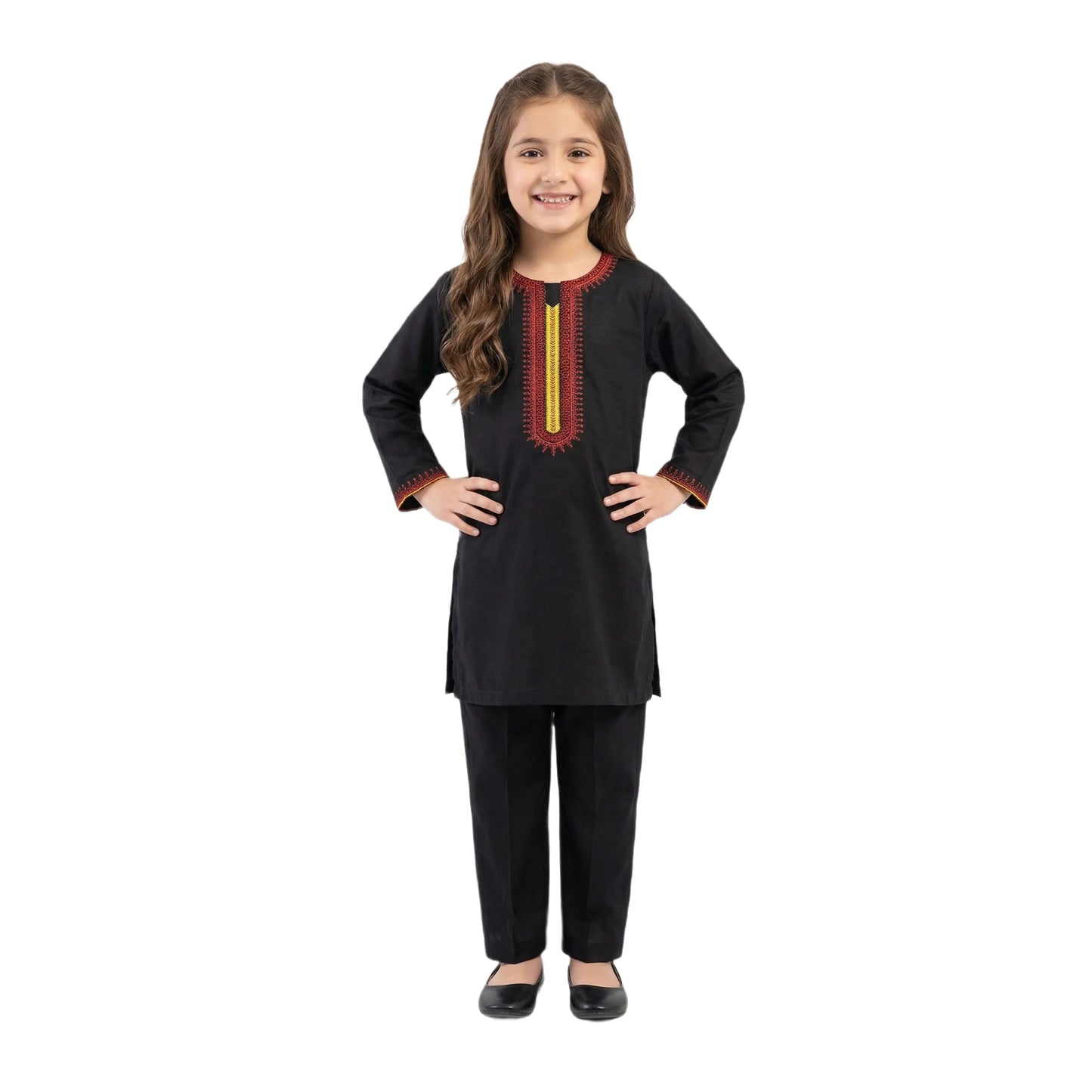 Full-Sleeve Girls Classic Black Embroidered Tunic & Matching Black Trousers 2-Piece Set
