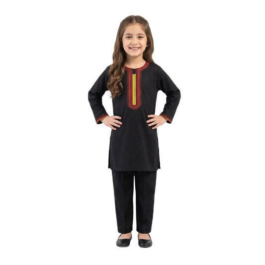 Full-Sleeve Girls Classic Black Embroidered Tunic & Matching Black Trousers 2-Piece Set