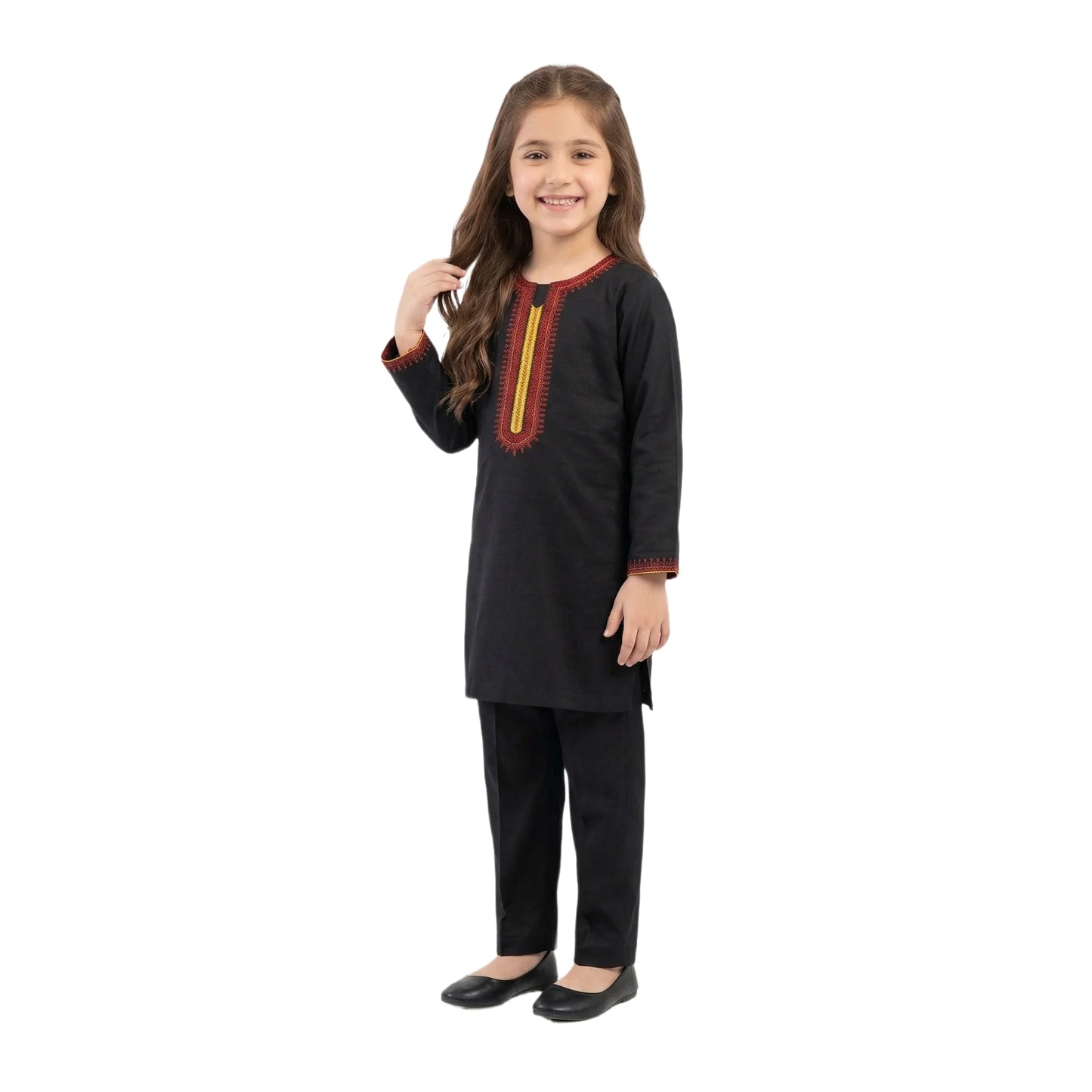Full-Sleeve Girls Classic Black Embroidered Tunic & Matching Black Trousers 2-Piece Set