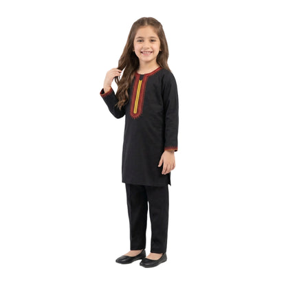 Full-Sleeve Girls Classic Black Embroidered Tunic & Matching Black Trousers 2-Piece Set