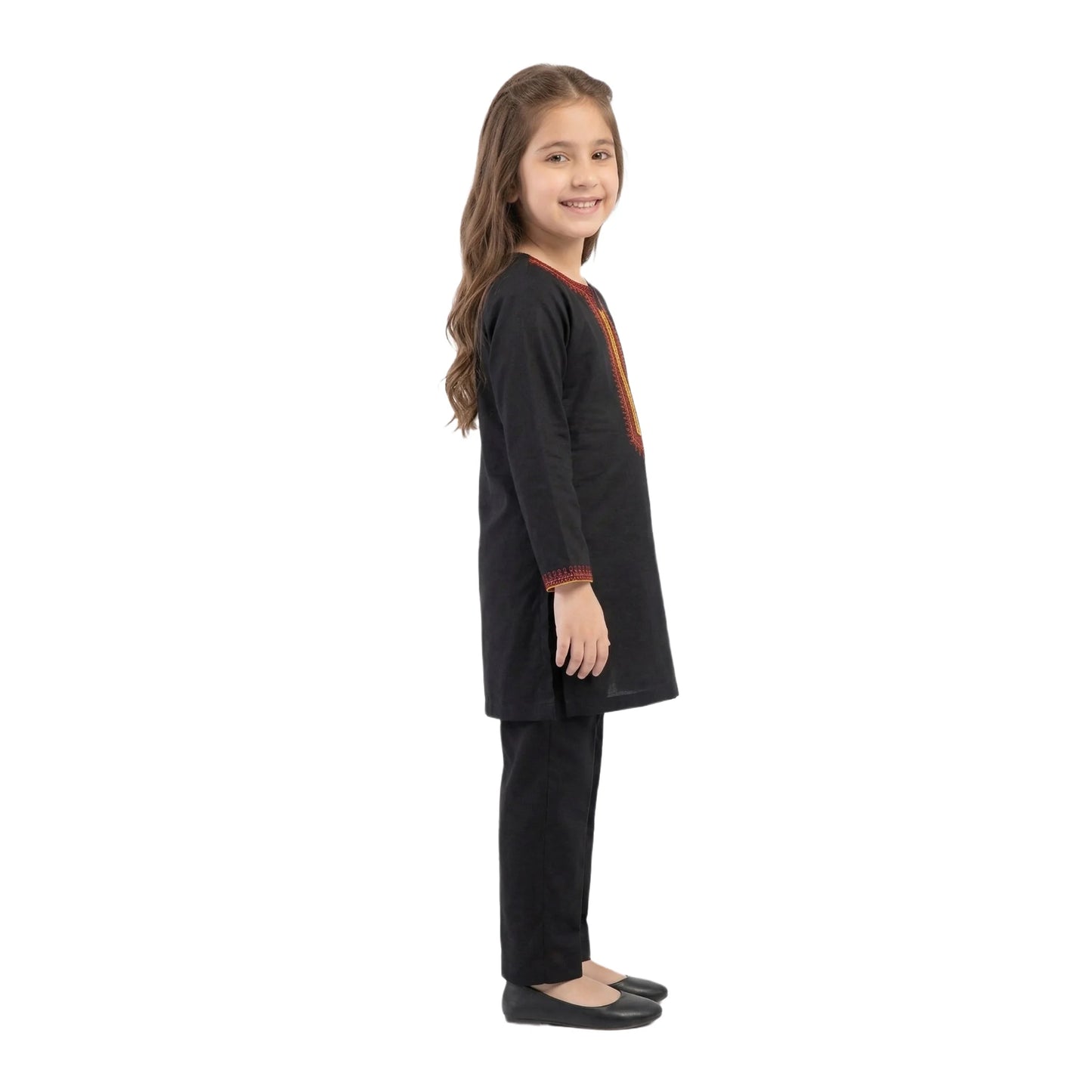 Full-Sleeve Girls Classic Black Embroidered Tunic & Matching Black Trousers 2-Piece Set