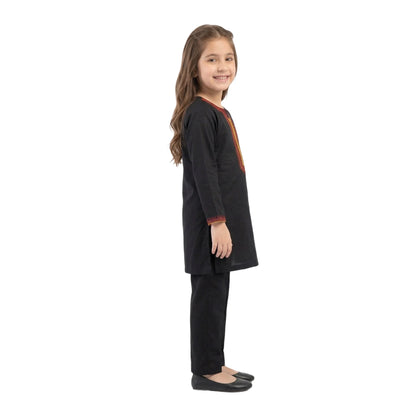Full-Sleeve Girls Classic Black Embroidered Tunic & Matching Black Trousers 2-Piece Set