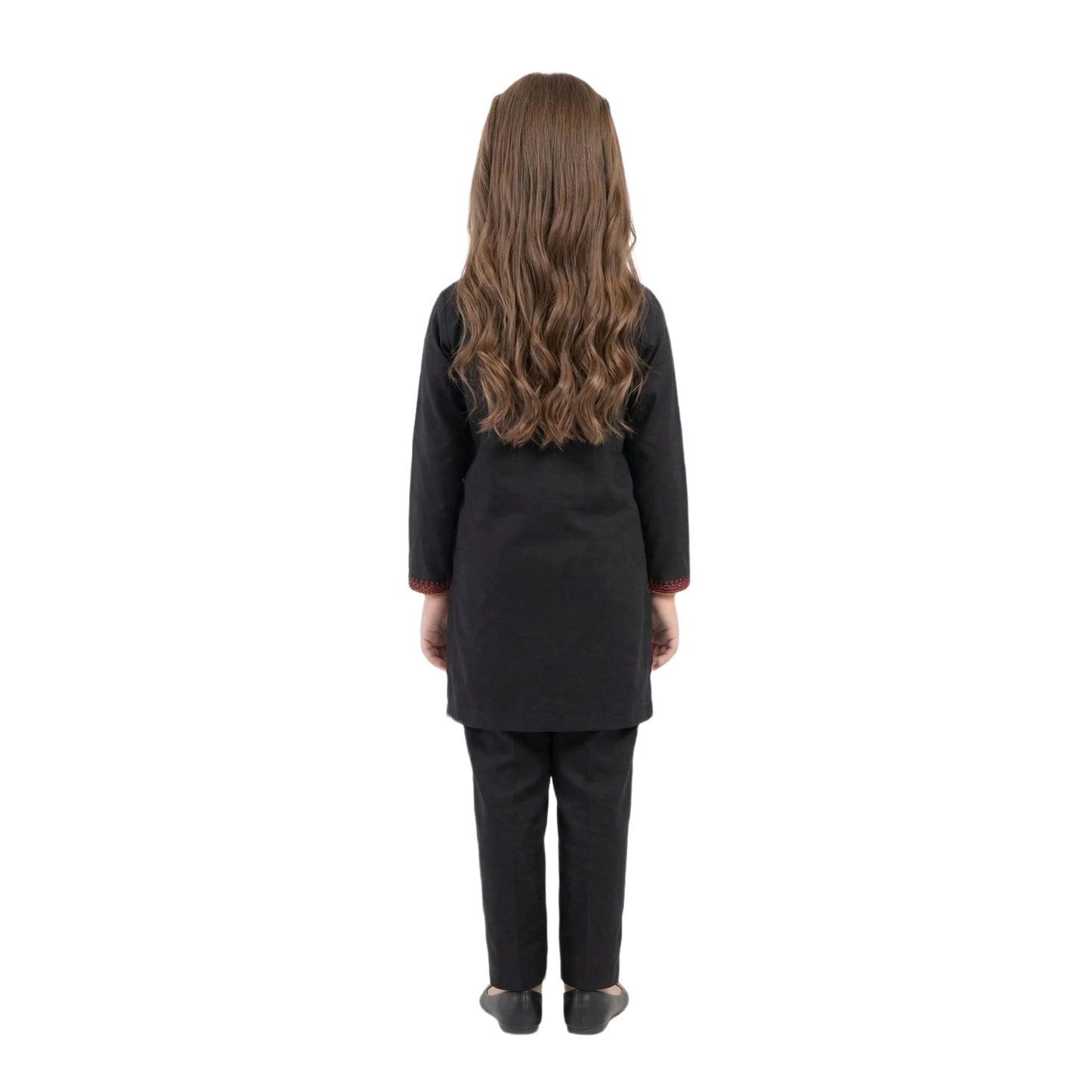 Full-Sleeve Girls Classic Black Embroidered Tunic & Matching Black Trousers 2-Piece Set