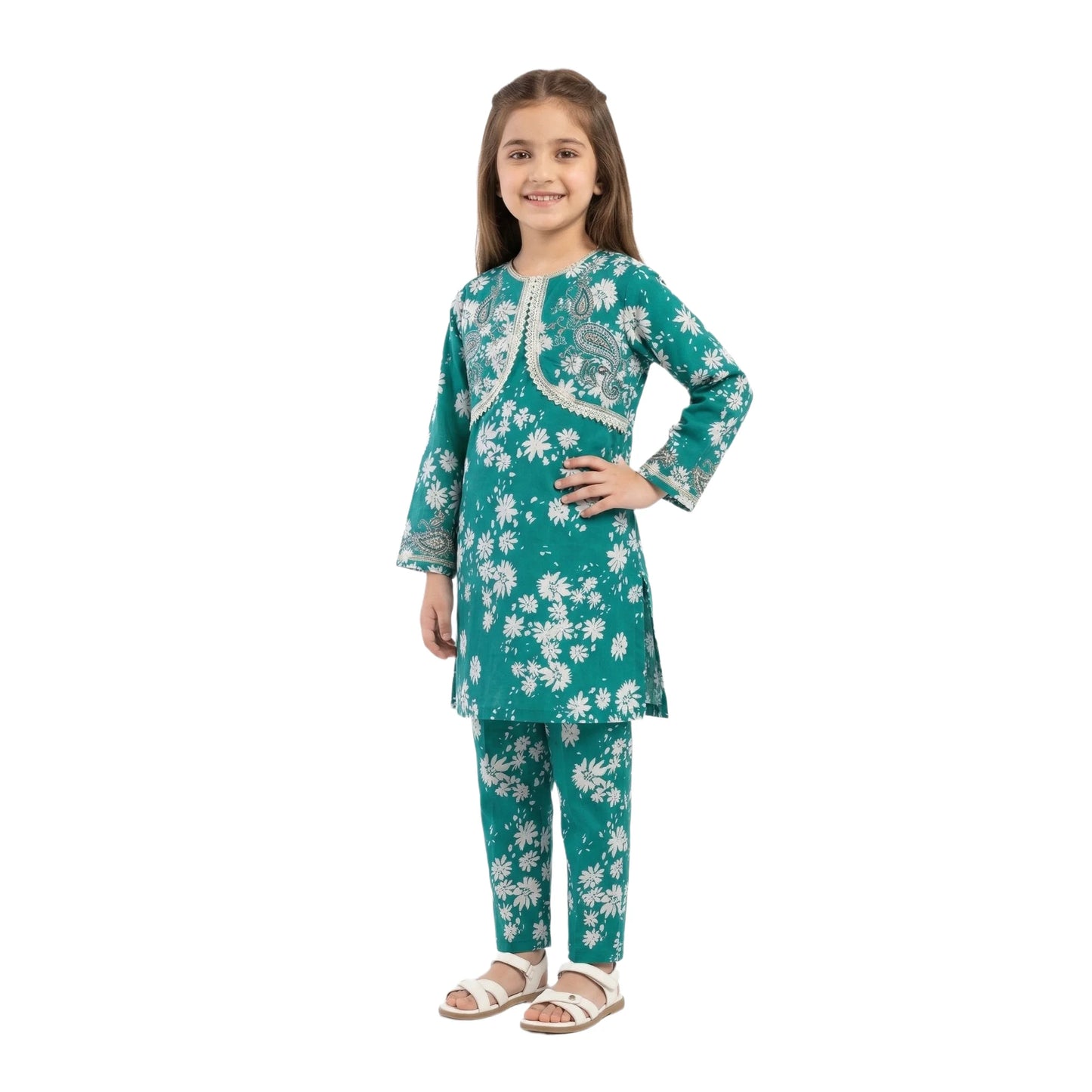 Full-Sleeve Girls Deep Teal Green Printed Shirt & Matching Cotton Trousers 2-Piece Set