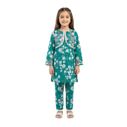 Full-Sleeve Girls Deep Teal Green Printed Shirt & Matching Cotton Trousers 2-Piece Set