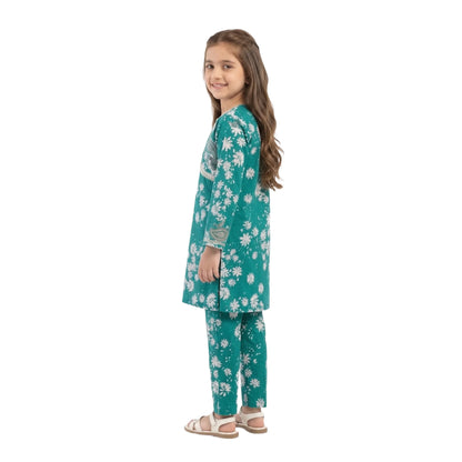 Full-Sleeve Girls Deep Teal Green Printed Shirt & Matching Cotton Trousers 2-Piece Set