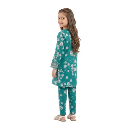 Full-Sleeve Girls Deep Teal Green Printed Shirt & Matching Cotton Trousers 2-Piece Set