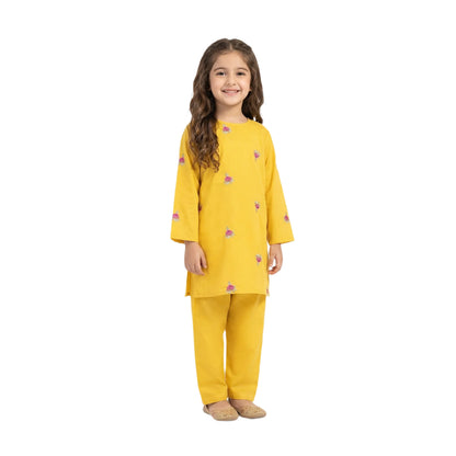Full-Sleeve Girls Mustard Yellow Floral Embroidered Tunic & Matching Trousers 2-Piece Set