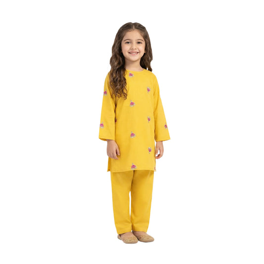 Full-Sleeve Girls Mustard Yellow Floral Embroidered Tunic & Matching Trousers 2-Piece Set